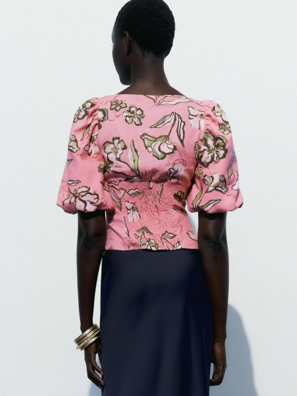 Zara Pink Floral Square-Neck Puff Sleeve Linen-blend Blouse M NWT